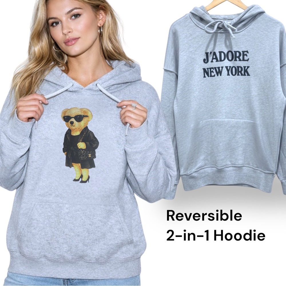 TU.LUXE Reversible J’Adore New York Bear Hoodie – M/L Relaxed fit